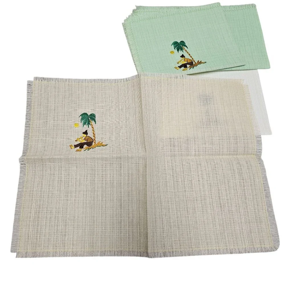 8 Vintage Tropical Themed Linen‎ Napkins Placemat Multicolor Needle Cross Stitch